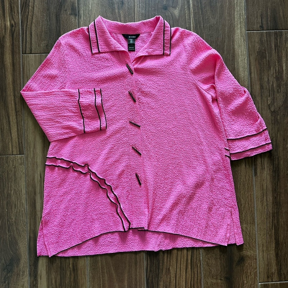 Ali Miles Sz XL Womens Pink‎ Button Crinkle Texture Artsy Blouse Art To Wear